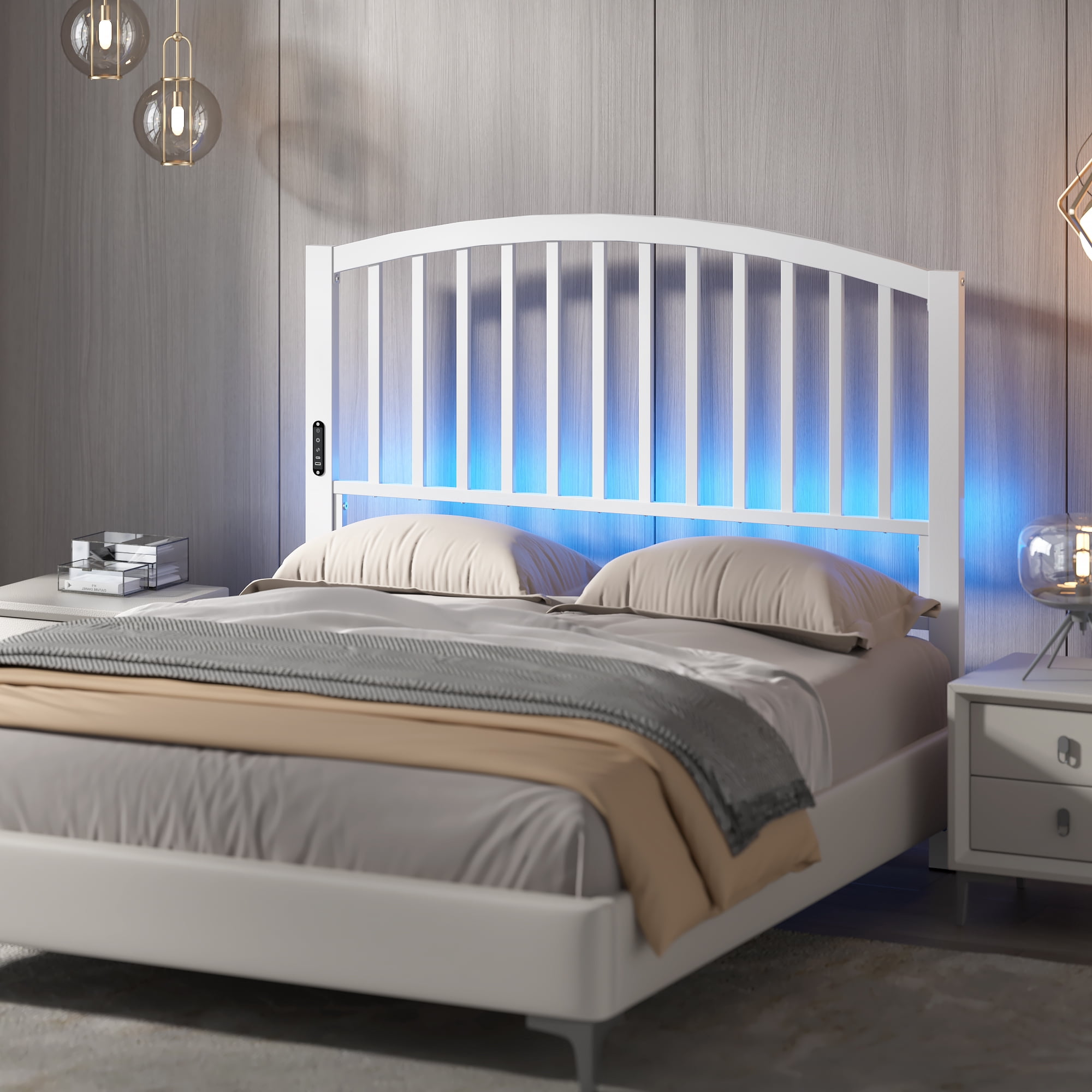 Garmic 46.76” High Queen Size Metal Headboard with LED Light & Charging, Height Adjustable Metal Platform Bed Headboard for Bed Frame - White