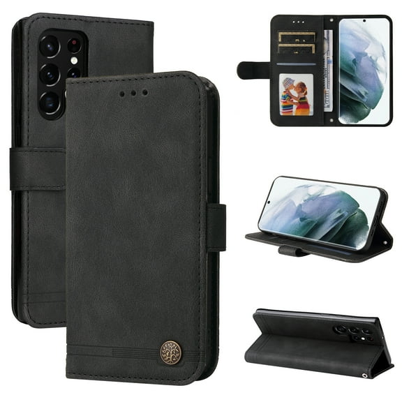 Allytech Slim Wallet Case for Samsung Galaxy S24 Ultra with Card Slots, Luxury PU Leather Magnetic Clasp Flip Wrist Shoulder Strap Kickstand Shockproof Protective Shell for Women Men - Black