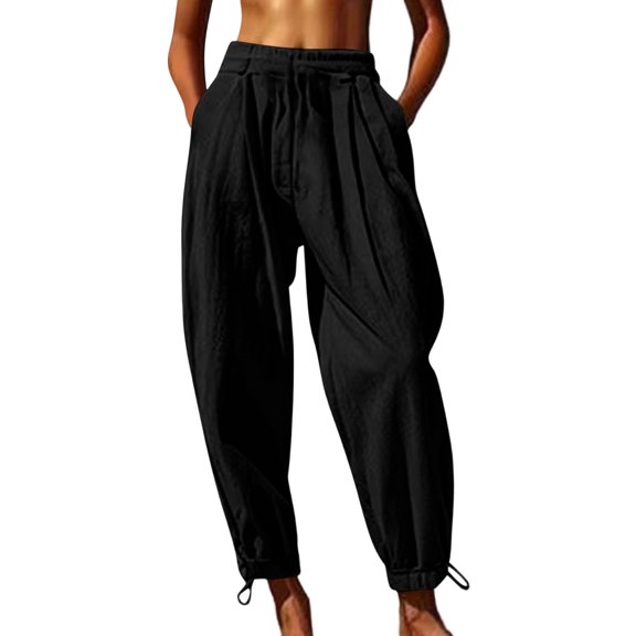 idosla Women Cotton Baggy Palazzo Harem Pants Drawstring Elastic Waist Beach Yoga Trousers Casual Lounge Pants Vacation (Black, L)