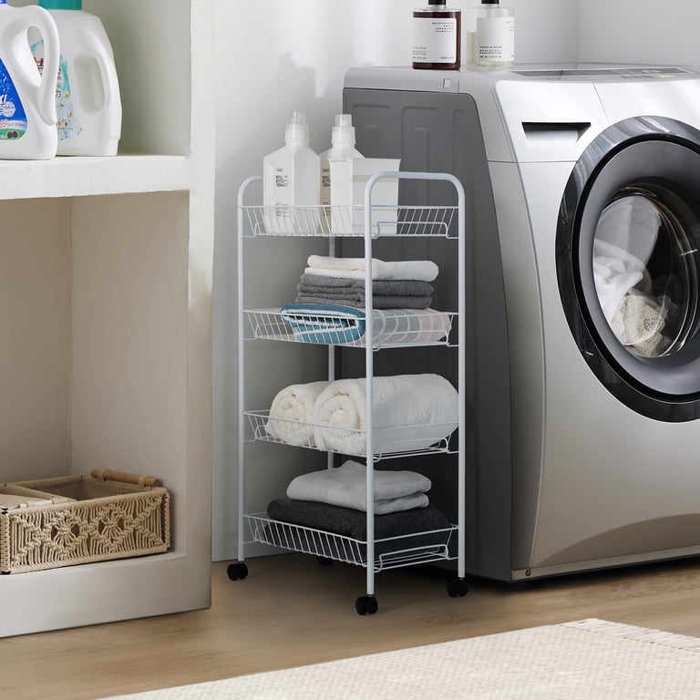 Mainstays Laundry Cart, White, Rolling 4-Tier Metal Organizer for