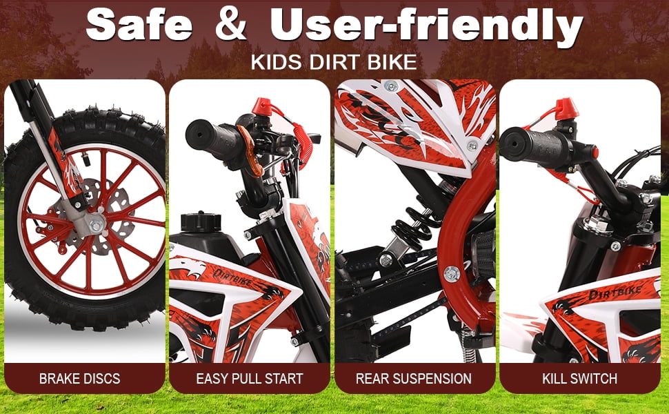 Korogimeeet Kids Gas Dirt Bike Red 49cc 2-Stroke, 10 Inch Knobby Tires with Inverted Suspension, Hand-Pull Start, 40KM/H Top Speed, 30 Min Range, 150kg Capacity, 47 x 30 Inch