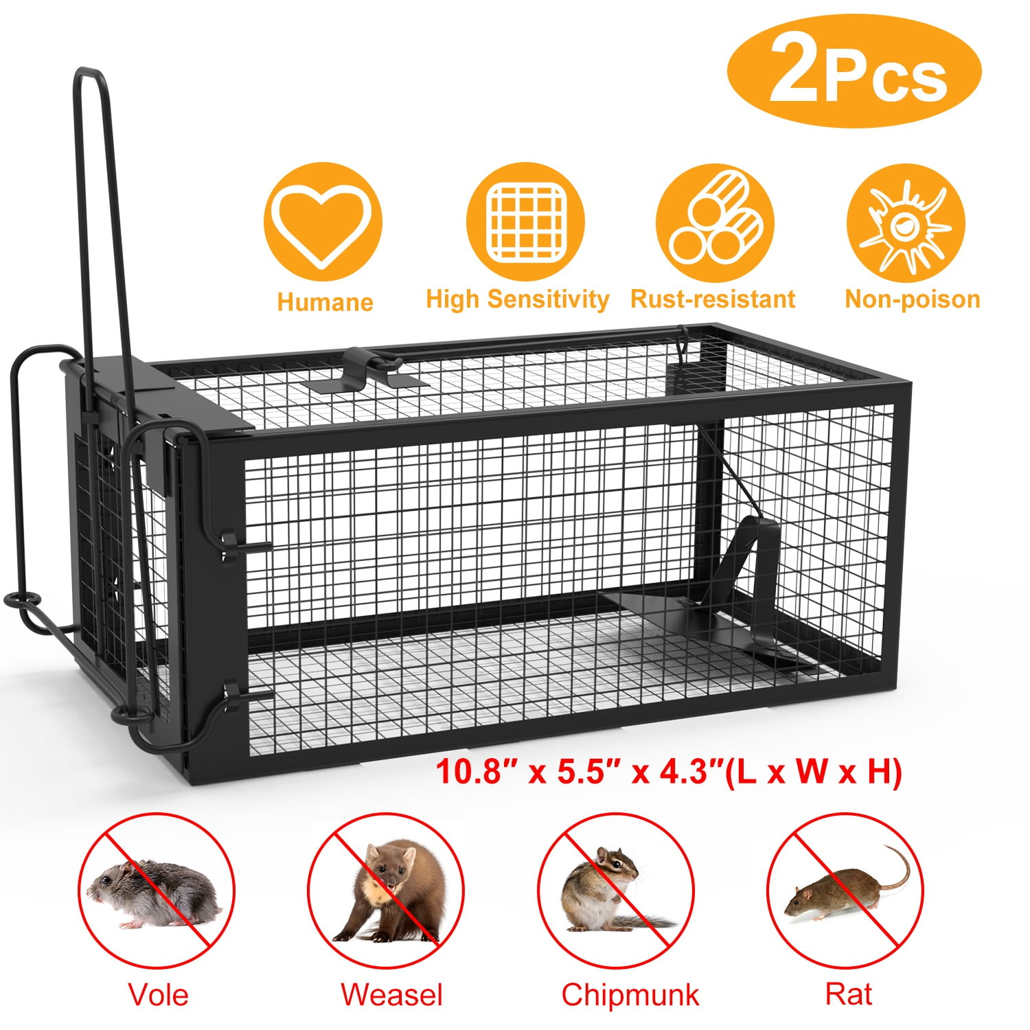 2 Pack Humane Live Rodent Traps, Galvanized Iron Cage for Mice and Rats, Easy to Use with Detachable U-Shaped Rod