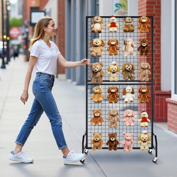 Portable Grid Wall Display Stand, 2 Pack Black Metal Grid Panels (2.9' W x 5.9' H), Easy Assembly Rolling Design for Trade Shows