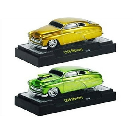 - Ground Pounders 1949 Mercury Green & Gold 2 Cars Set IN CASES 1/64 Diecast Model Cars by M2 Machines