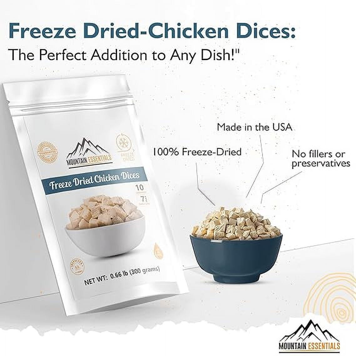 (Pack of 12) MOUNTAIN ESSENTIALS Freeze Dried Chicken Dices | Emergency Survival Bulk Food Storage Home Meals Hunting, Survival, Camping, Backpacking Food | 10 serving per Pouch