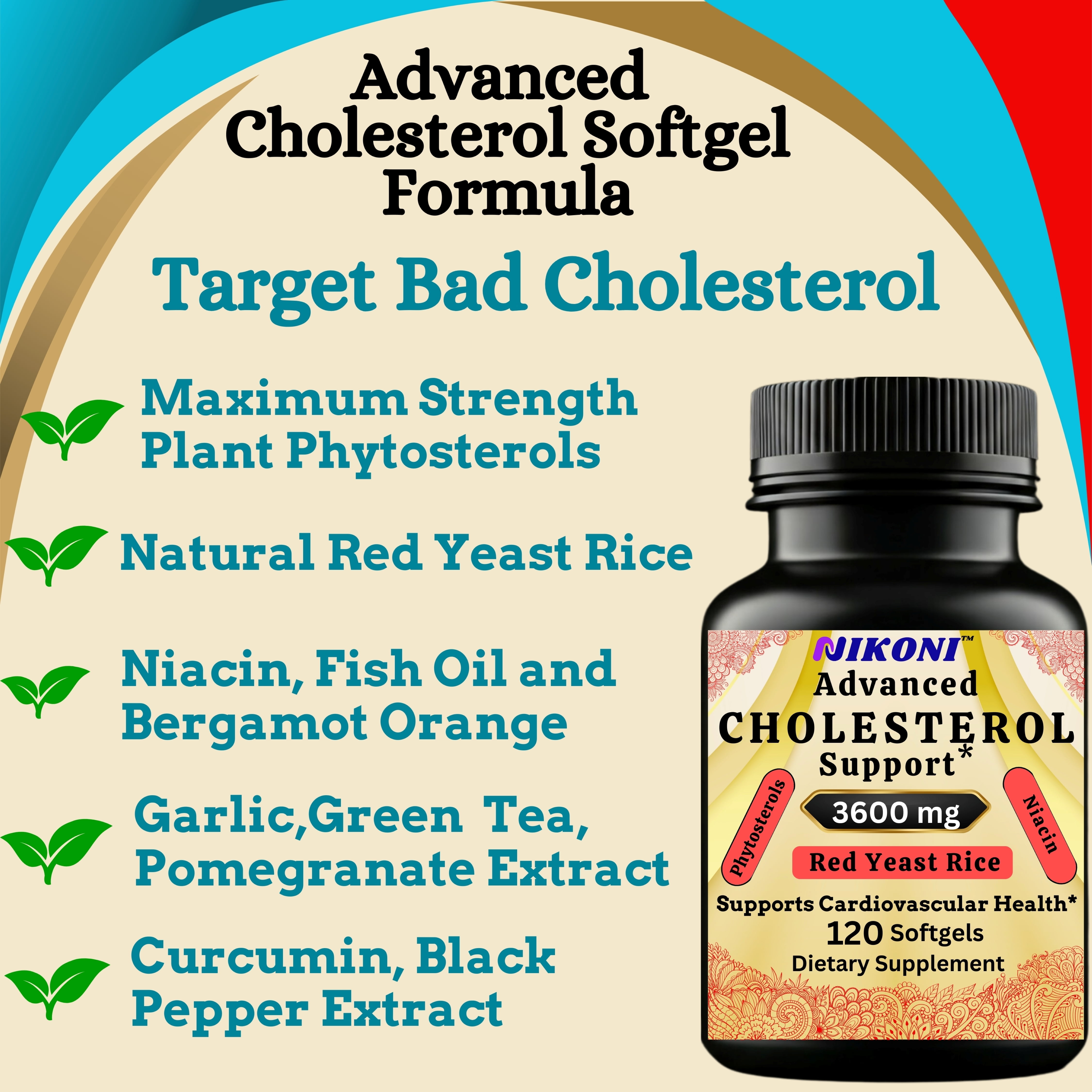 Nikoni Advanced Cholesterol Support Dietary Supplement 14-in-1 Formula 3600 mg Plant Sterols 480 Softgels