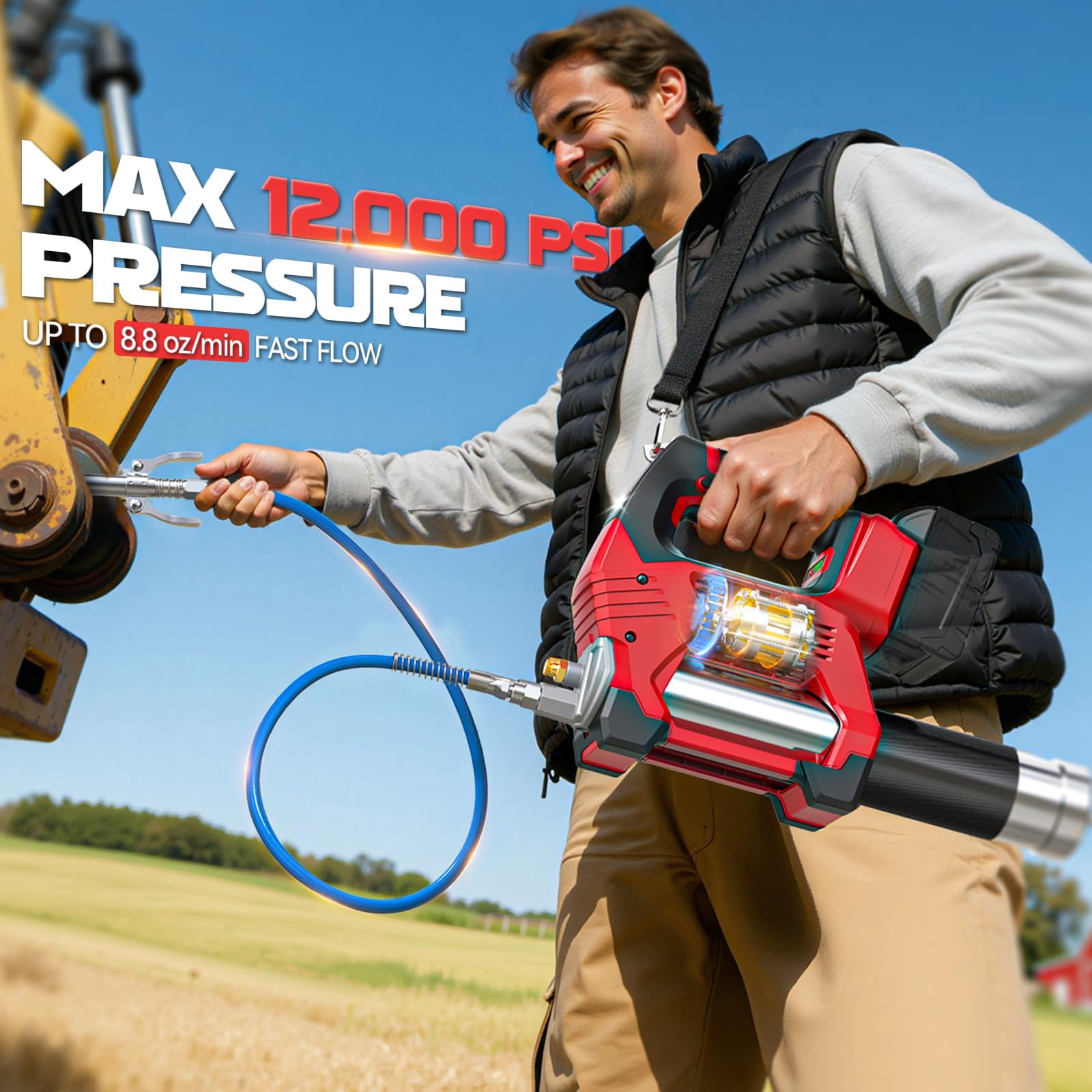 Cordless Grease Gun Compatible with DeWalt 20V Battery, 12000PSI Max Electric Grease Gun, Dual Pistol & in-Line Grip, Works with Bulk & Cartridge Grease, with 39" Hose & 4 Couplers (Tool Only)