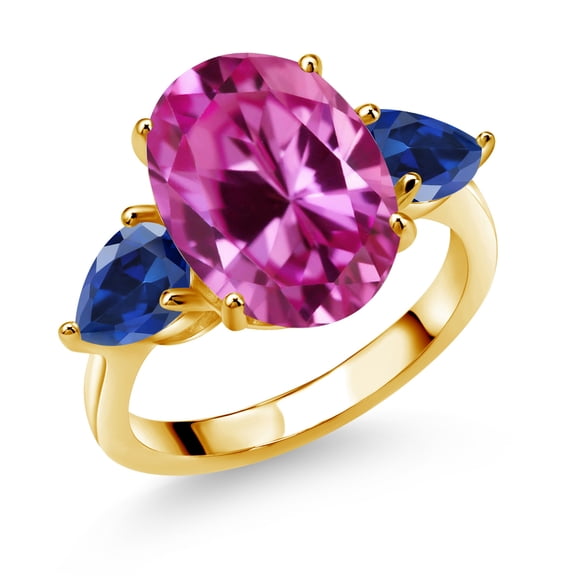 18K Yellow Gold Plated Silver Pink Created Sapphire and Blue Created Sapphire Ring for Women (8.00 Cttw, 14X10MM Oval and 7X5MM Pear Shape, Gemstone September Birthstone, in Size 5, 6, 7, 8, 9)