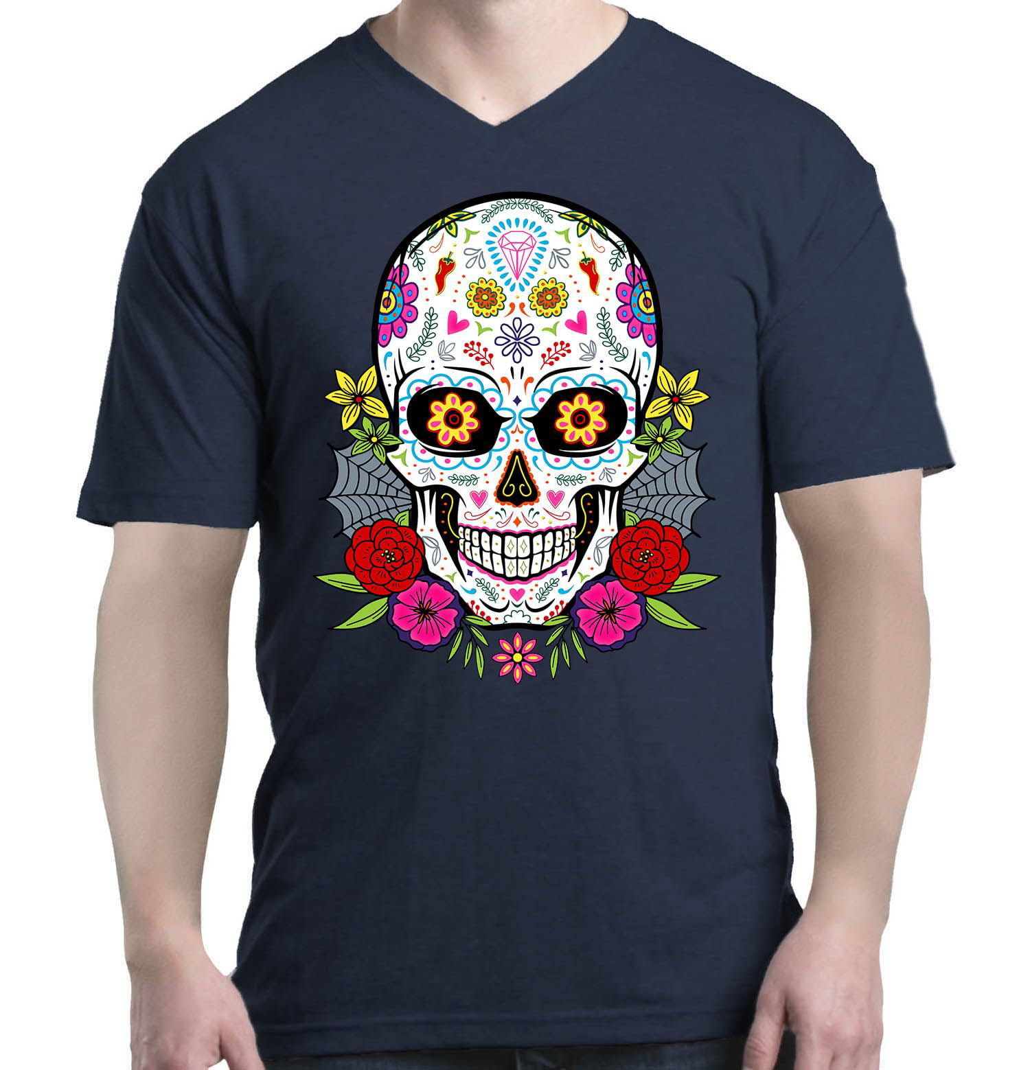 Shop4Ever - Shop4Ever Men's Day of the Dead Skull with Flowers V-Neck T ...