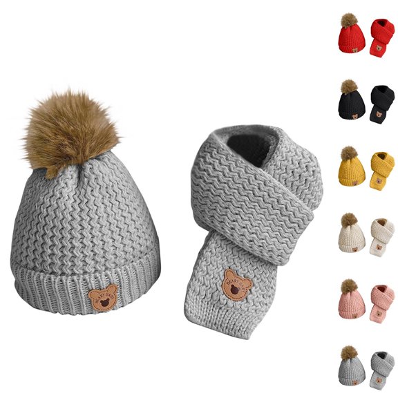 HAOTAGS Kids Winter Hat & Scarf Set, Fleece-Lined Beanie & Plush Scarf 2-Piece Set for Boys Girls Gray Size Free Size