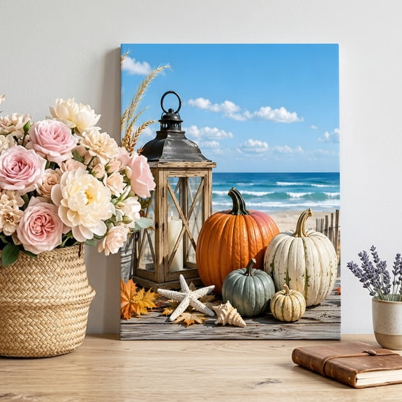 Coastal Fall Canvas Wall Art for Living Room, Orange Pumpkin Ocean Beach Blue Sky Shabby Chic Poster Print Painting for Bedroom Office Home Decoration Wall Pictures Prepare To Hang 20"x30"