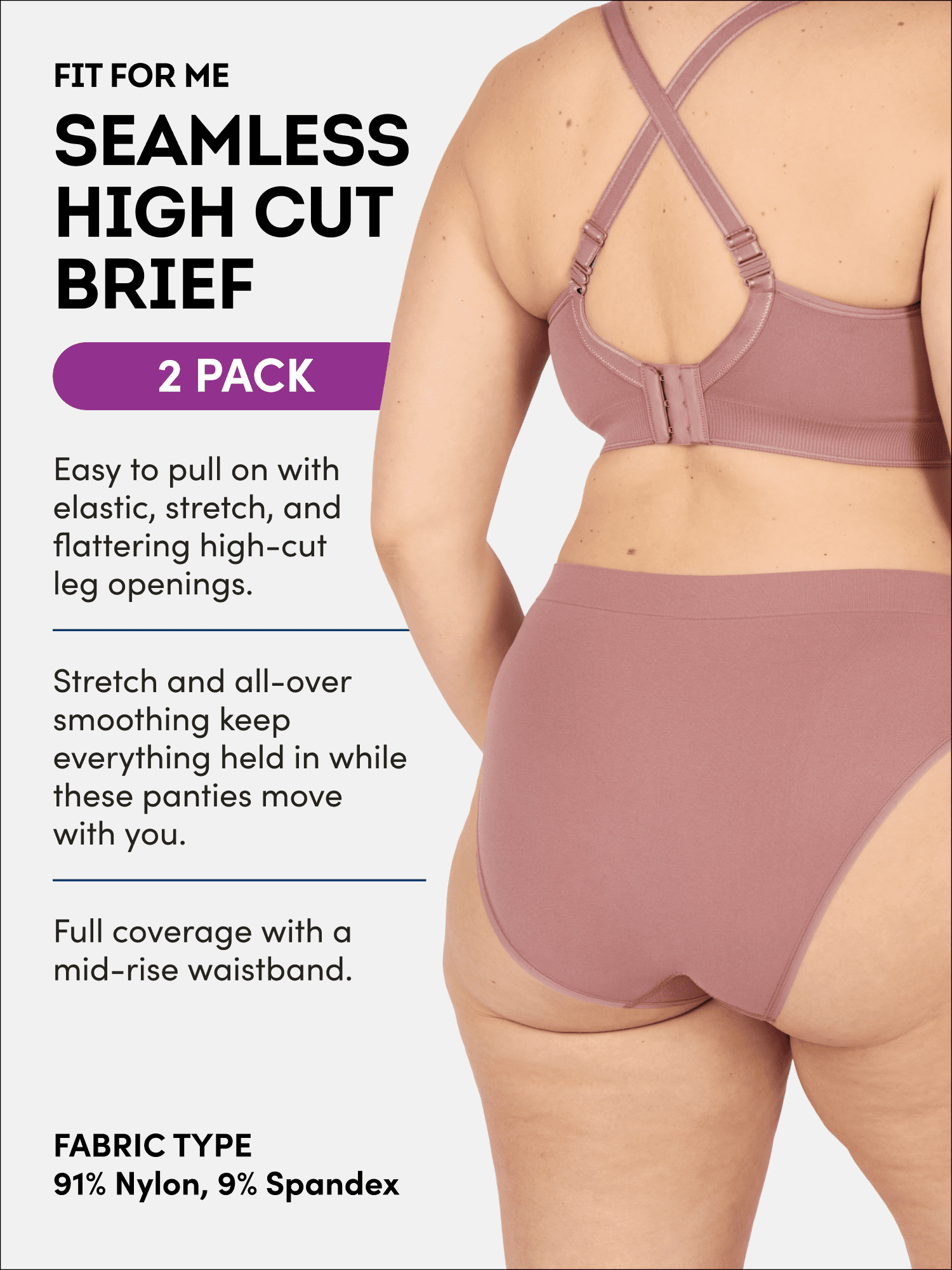 Fit for Me by Fruit of the Loom Women's Plus Size Seamless High Cut Brief, 2-Pack, Sizes 1X-4X