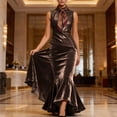 thumbnail image 4 of QSAWXQZ Women's Mock Neck Sleeveless Tank Top Pleated Drape Slim Shiny Faux Leather Look Fashion Party Clubwear Night Out Blouse Brown L, 4 of 9