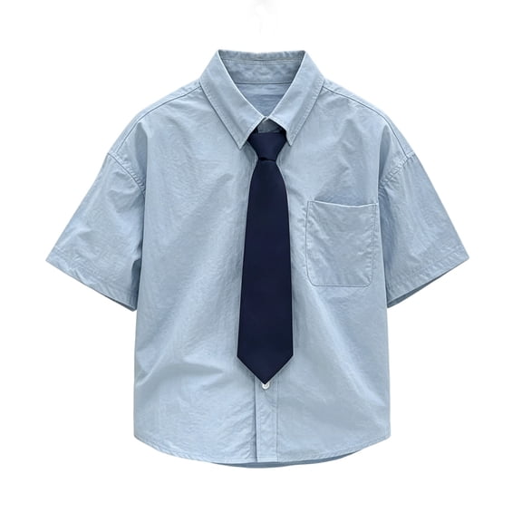 Guluxicc Button Up Shirts for Kids Boys Short Sleeve Solid Color School Uniform Tops with Tie Casual Summer Collared Shirts with Pockets
