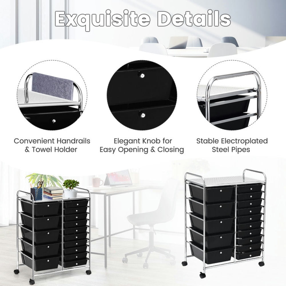 Demi Bonn 15-Drawer Utility Rolling Organizer Cart Multi-Use Storage with 4 Universal Casters, Black