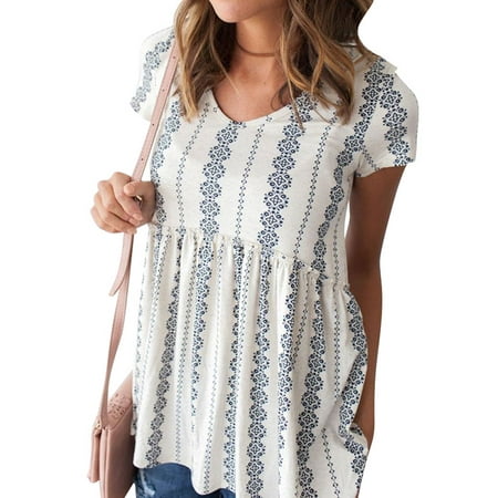 - Nlife Women Short Sleeve Floral Print V Neck Peplum Blouse