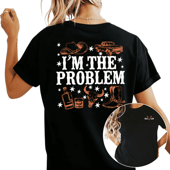 UNISHE Women's I'm The Problem Cowboy Hat Truck Boots Double Sided Western Graphic Short Sleeve T-shirt Relaxed Fit