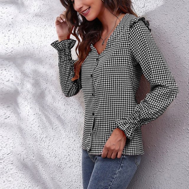 Camisa con cuello en V para mujer, manga larga con botones y linterna, camisa de manga larga con botones, durabilidad extendida