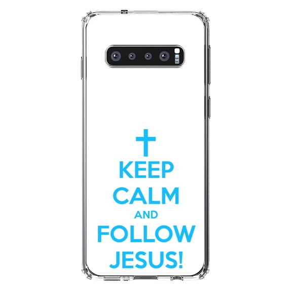 DistinctInk Clear Shockproof Hybrid Case for Samsung Galaxy S10 (6.1" Screen) - TPU Bumper, Acrylic Back, Tempered Glass Screen Protector - Keep Calm and Follow Jesus - Christ