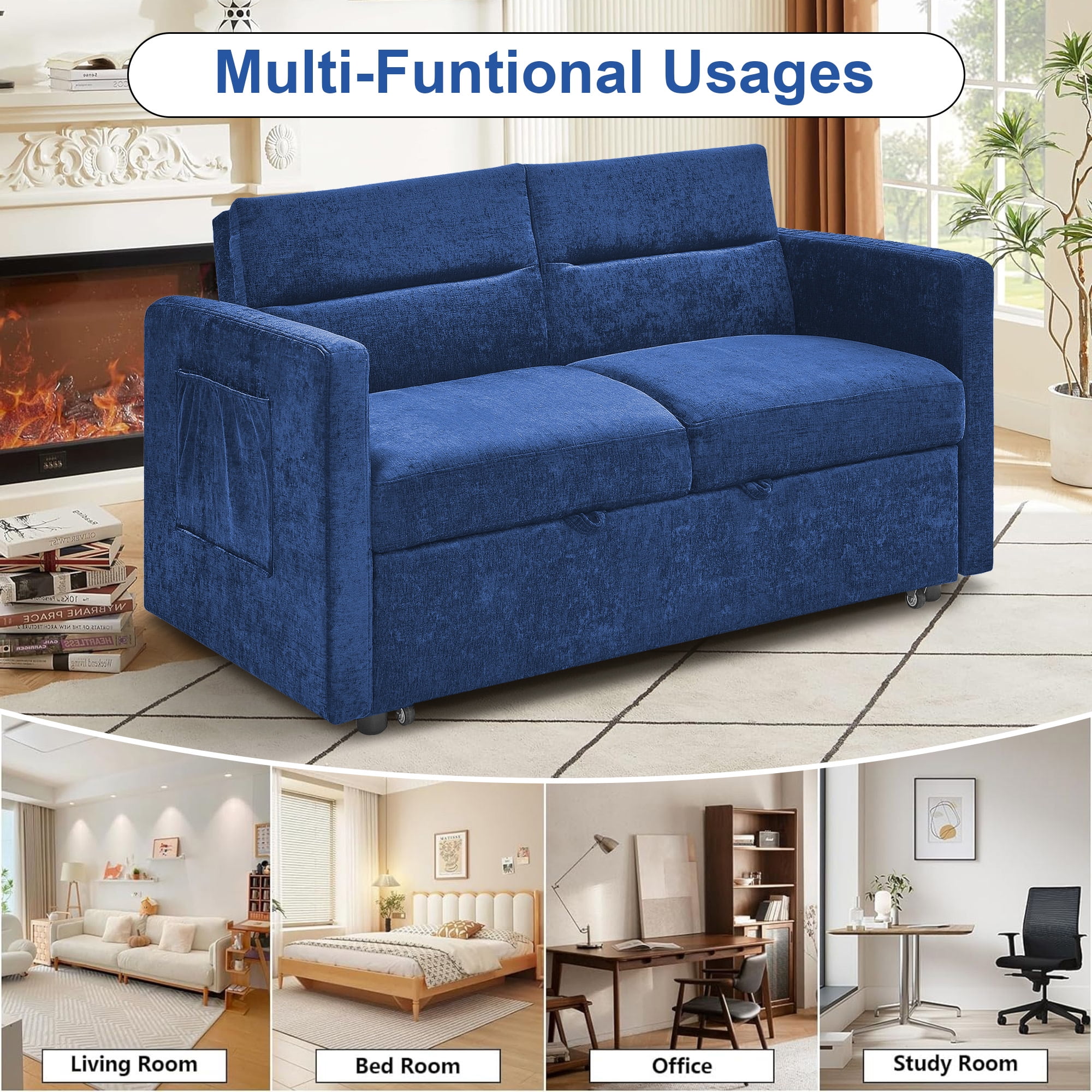 DEALTOPS Convertible Pull Out Sofa Bed, Adjustable Loveseat Sleeper with Side Pockets, Blue