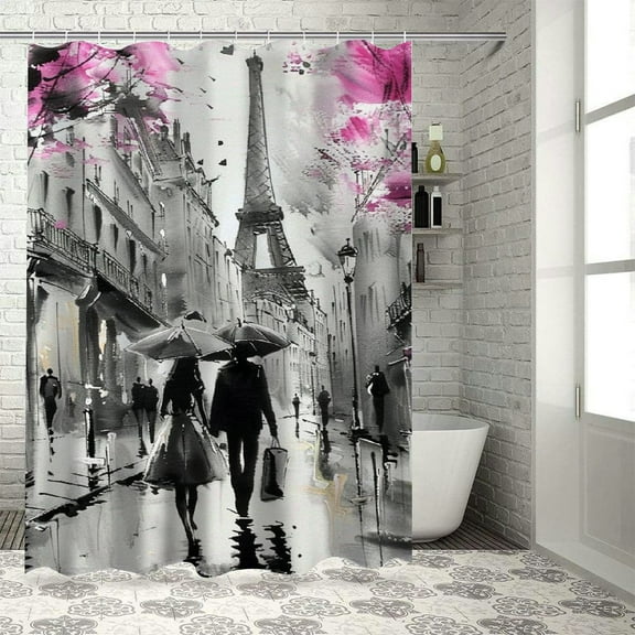 BCIIG  Paris Eiffel Tower Shower Curtain  Modern Lovers Walk On Rainy France Street Pink Oil Painting Shower Curtains Romantic Vintage Gray Waterproof Fabric Shower Curtain with Hooks