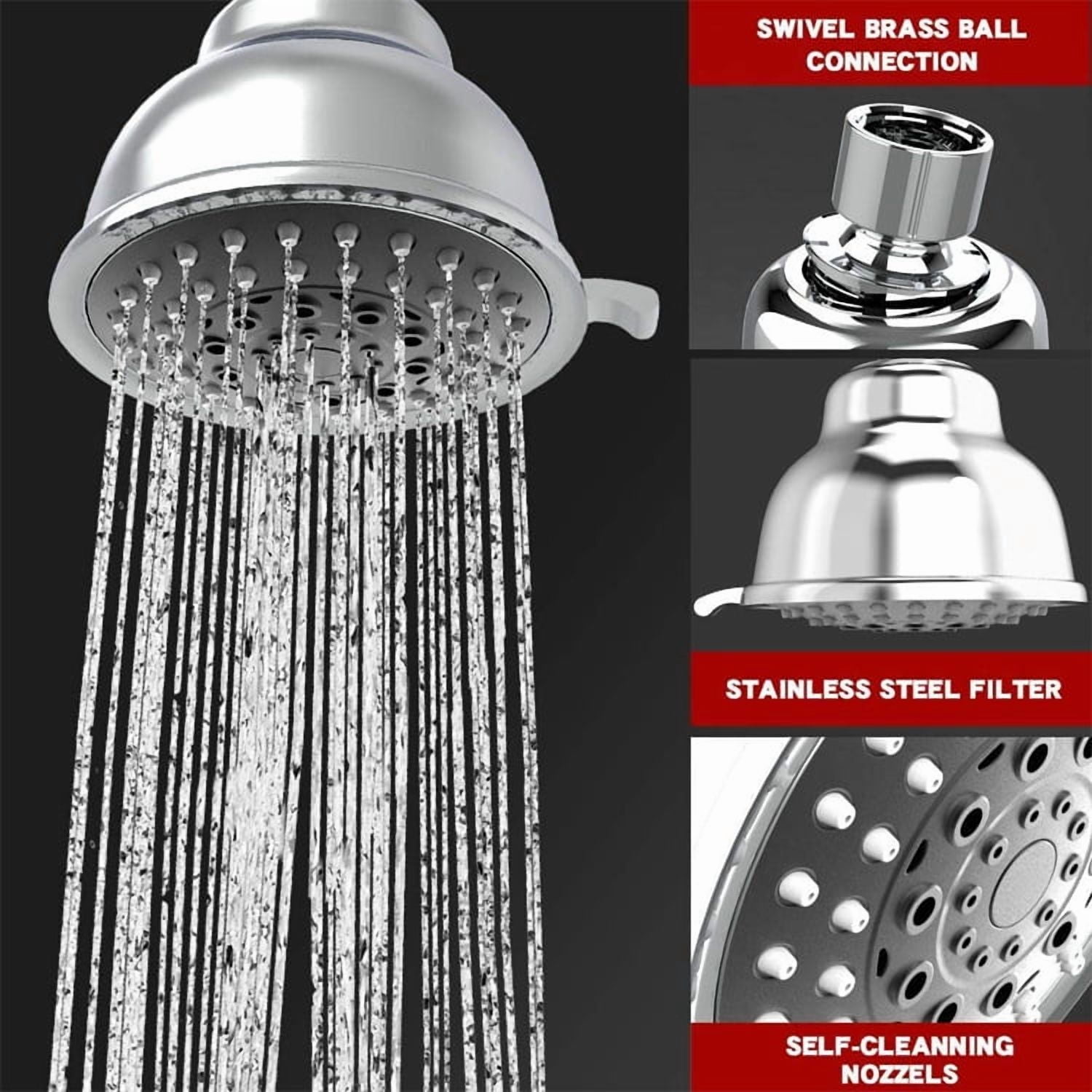 High Pressure Shower Head, Chrome Rain Shower Head, Powerful Deluxe Bathroom Fixed Showerhead Withng Spray Stream and Small Silicone Nozzles - 5 Settings with Adjustable Metal Swiv