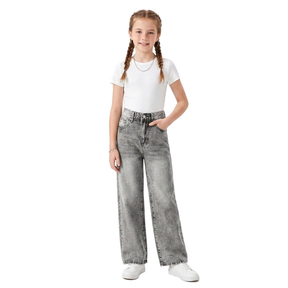 FEDPOP Girls Baggy Wide Leg Jeans, Elastic Waist Pull-On Denim Pants with Pockets, Casual Loose Teen Jeans, Gray, 12-16Y
