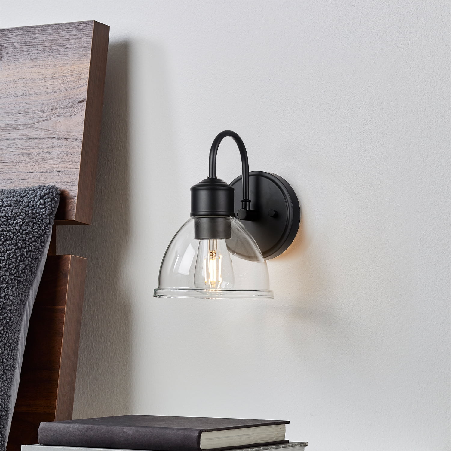 Better Homes & Gardens Indoor 1-Light Matte Black Wall Sconce, Clear Glass Shade, LED Bulb Included