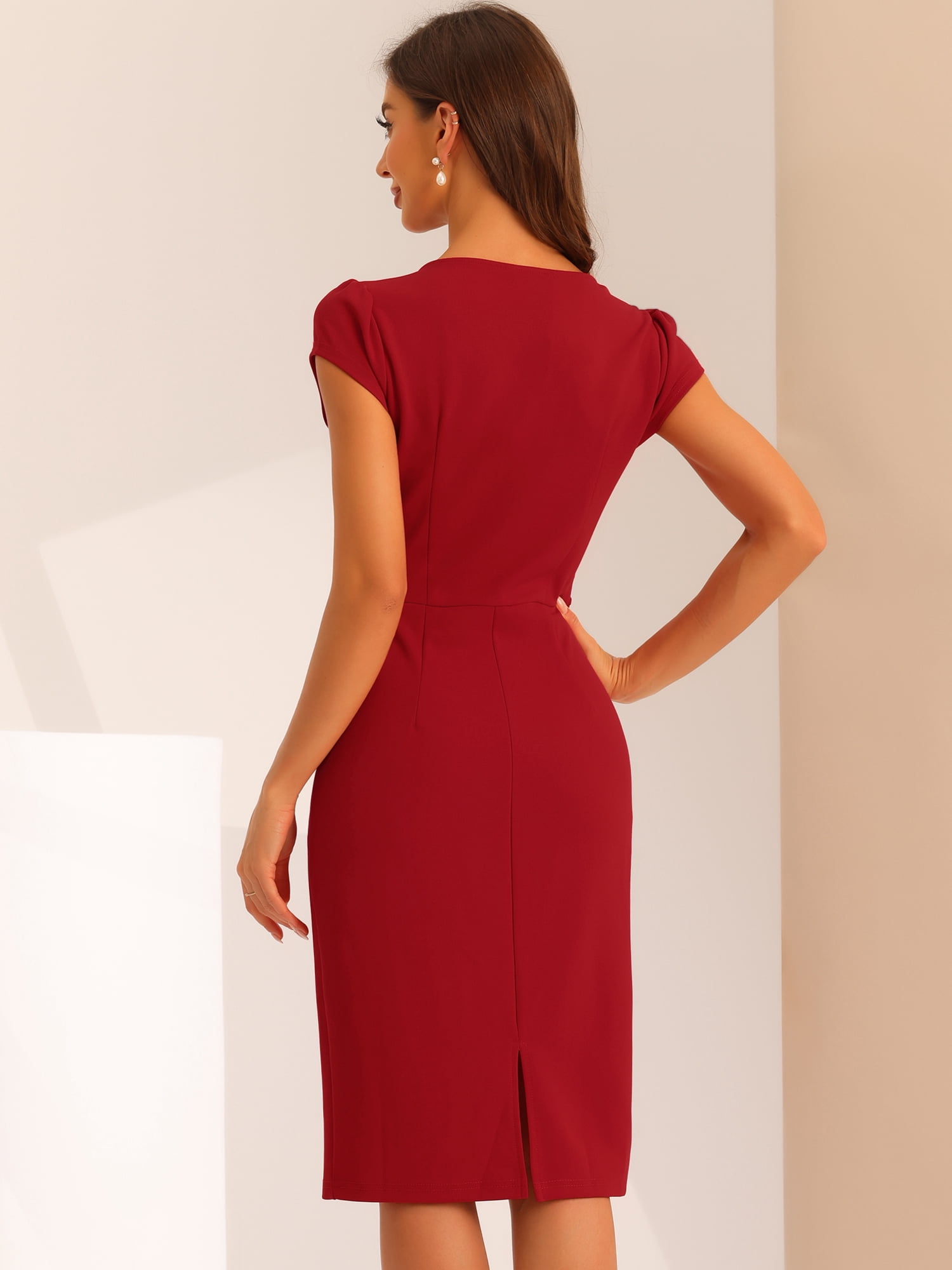 DARING DIVA V Neck Sheath Cap Sleeves Split Pencil Dress XS Red