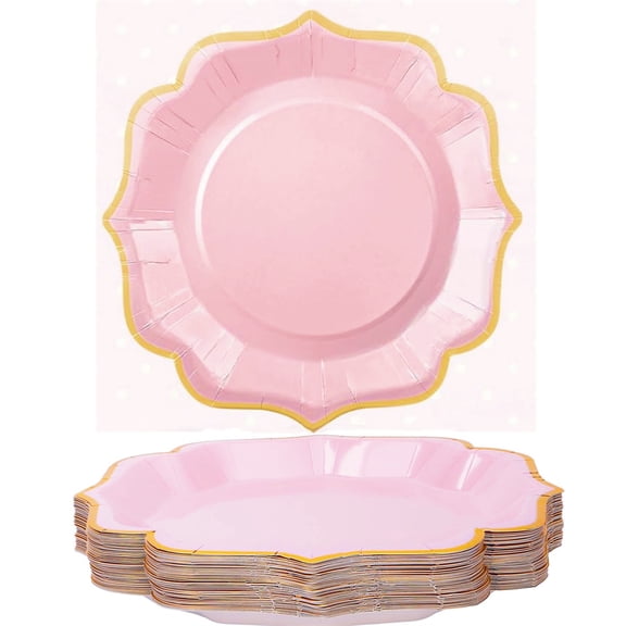 HYG Scalloped Decorative Paper Plates 8.4 inch Food Tray Pink Disposable Dessert Plates with Gold Foil Home Kitchen Dining Table Supplies for Christmas Birthday Wedding Party 30 Pcs