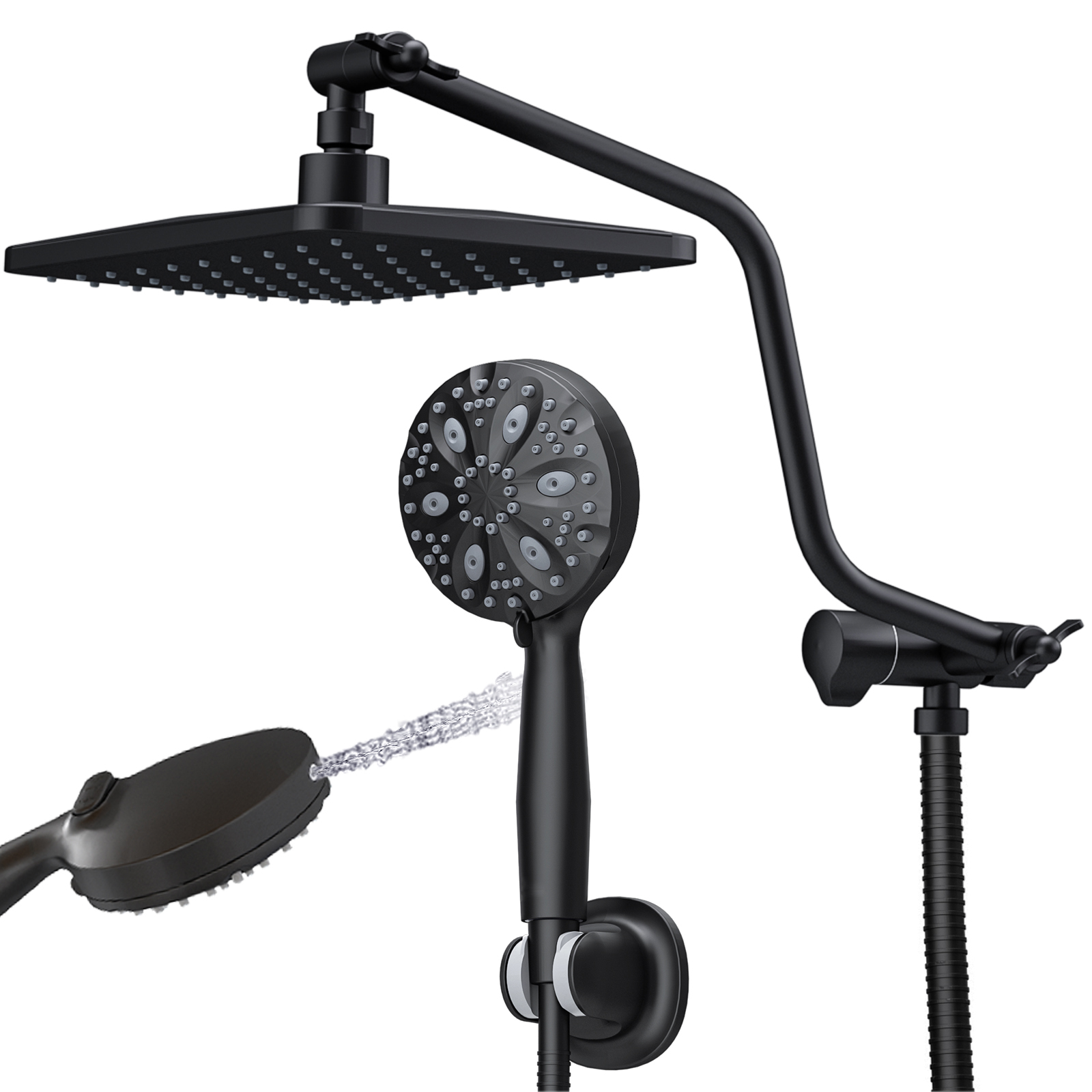 ROSYNEY 10 Inch Rain Shower Head with Handheld Spray, 7-Function Handheld Showerhead, Adjustable Metal Shower Extension Arm, Stainless Steel Hose, Matte Black
