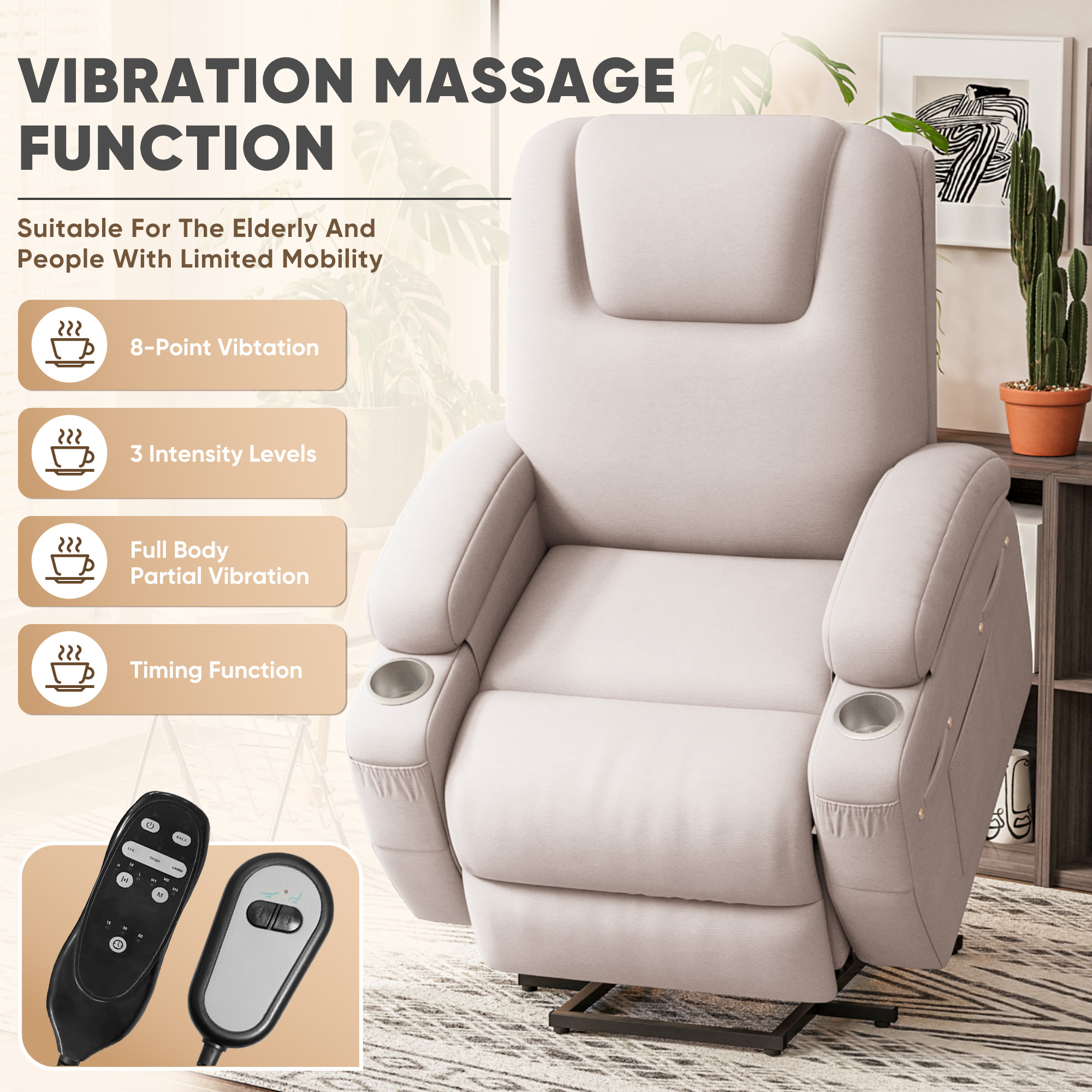 Homall Power Lift Recliner with Eight Vibrating Massages Ergonomic Single Sofa with Side Pocket for Elderly,Beige