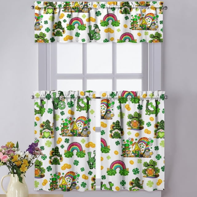 St Patricks Day Kitchen Curtains Valances 3 Piece Set,Spring Shamrock Gnome Sunflowers Rod Pocket Kitchen Tier Curtain Over Sink Window,Cute Farmhouse Cafe Curtains for Holiday Decor 36 Inch