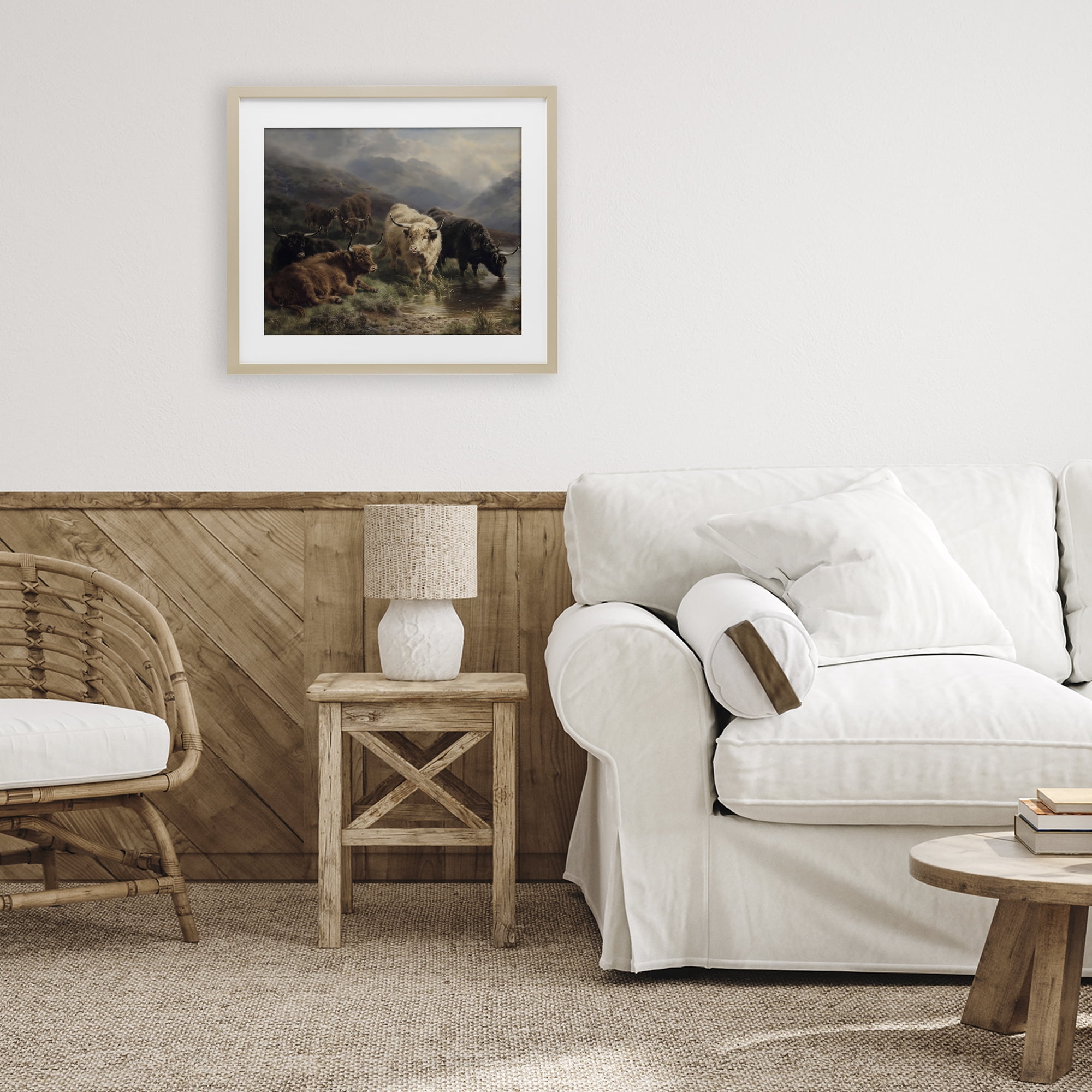 Stupell Industries Highland Cows Beside Misty Loch Birch Framed Print Under Glass, design by Arlington Prints