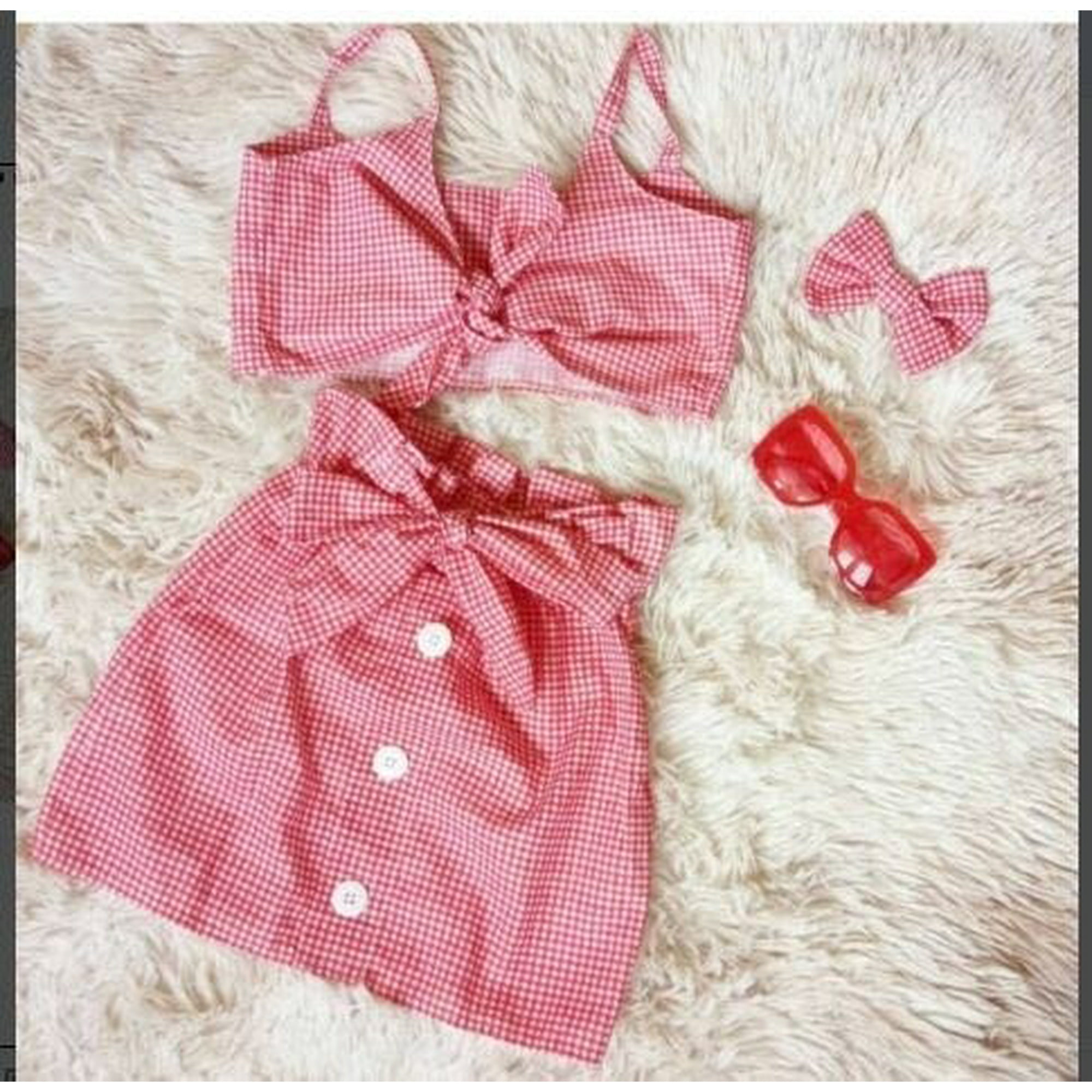 2PCS Toddler Baby Girl Sleeveless Plaid Sling Crop Tops Bow Knot Tutu Skirt Mini Dress Outfits Sets Clothes