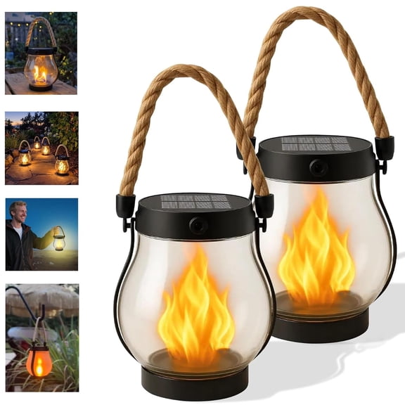 LITUSI 2-Pack Solar Lanterns with Dancing Flame, Waterproof Hanging Outdoor Lights for Garden, Yard, Patio Decor