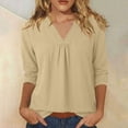 thumbnail image 2 of Womens 3/4 Sleeve Tops Linen Pleated V Neck Ladies Blouses Elegant Loose Fir Dressy T Shirts Pleated Tunic Tee Tops Smocked Cuff Curved Hem Ladies Blouse Office Wear, 2 of 6
