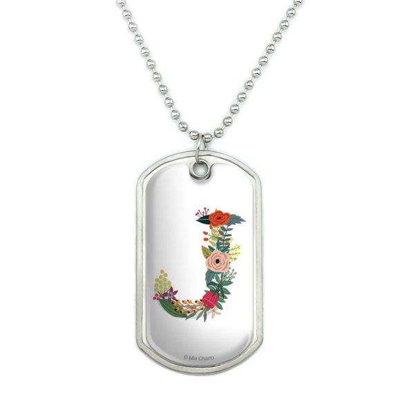 Letter J Floral Monogram Initial Military Dog Tag Pendant Necklace with Chain
