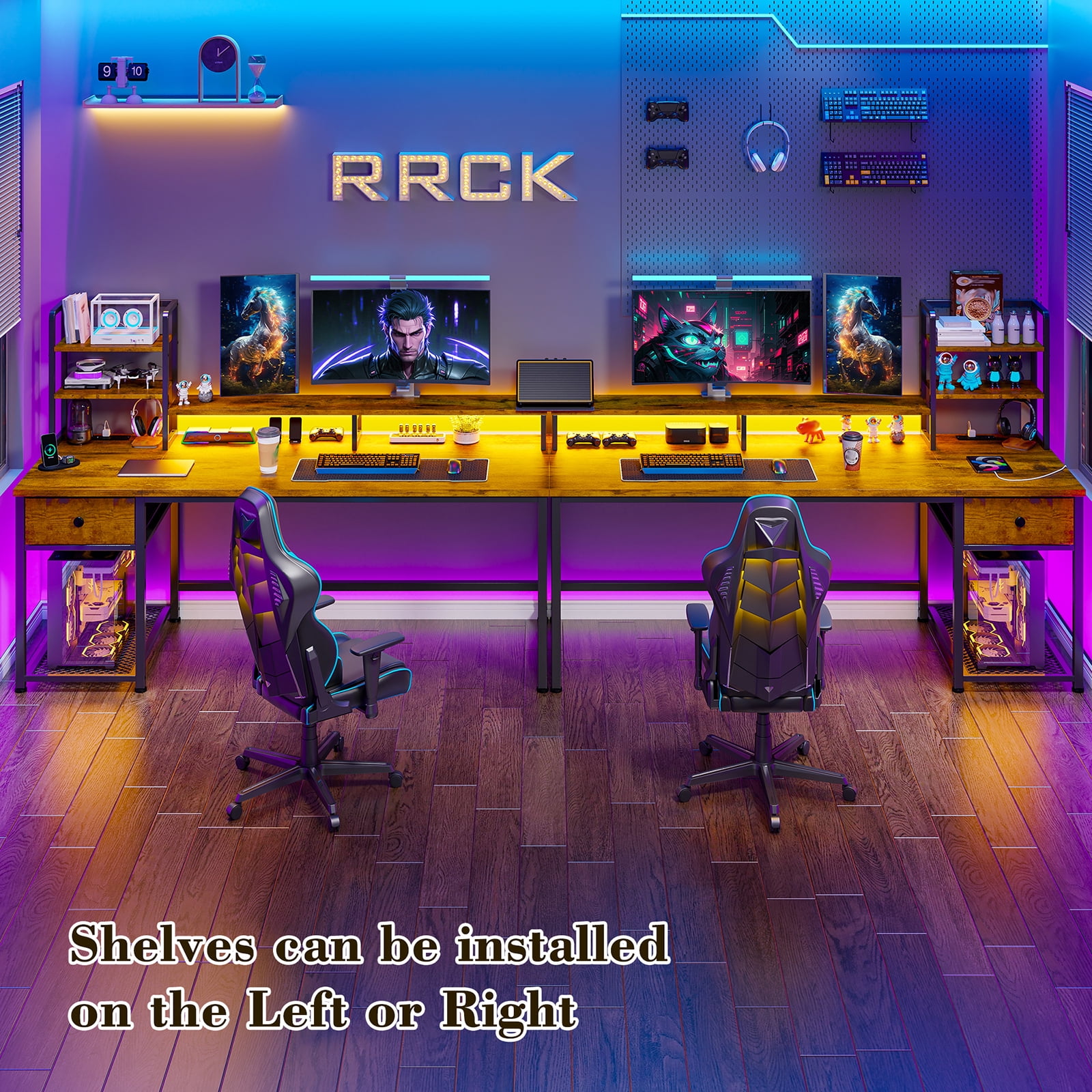 Romorgniz 55"W Computer Desk with Hutch, Gaming Desk with LED Lights & Power Outlets, Small Desk with Drawer and Monitor Stand, Writing Desk for Home Office, Rustic Brown