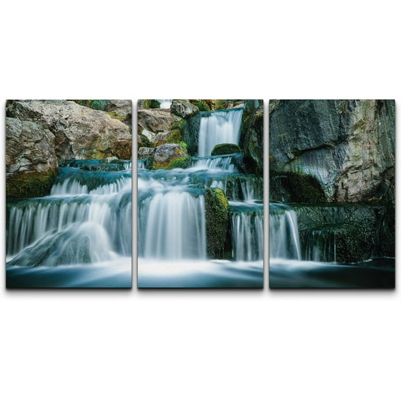 wall26 3 Panel Canvas Wall Art - Landscape Cascading Waterfall in Rocky Mountain - Giclee Print Gallery Wrap Modern Home Art Ready to Hang - 24"x36" x 3 Panels