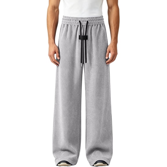 Men Elastic High Waist Textured Wide Leg Sweatpants Adjustable Drawstring Loose Casual Straight Trousers for Travel Daily Street Wear White 3XL