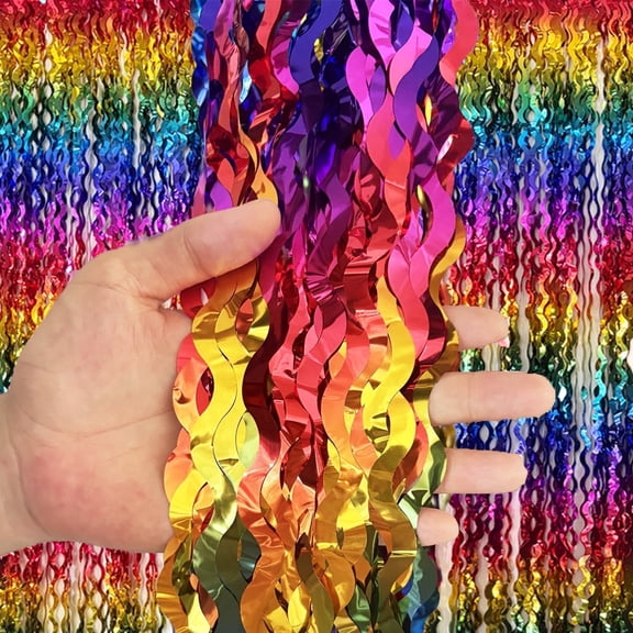 3 Pack Rainbow Wavy Foil Fringe Curtains, 3.2 ft x 6.6 ft Metallic Tinsel Backdrop, Zigzag Streamers Photo Booth Background for Birthday, Unicorn Party, Carnival & New Year Decorations