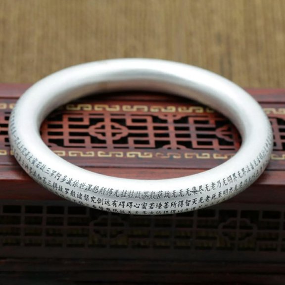 HOOUN Pure 999 Fine Silver Bangle Men Women 10mm Sutra Matte Round Bracelet 49.8g