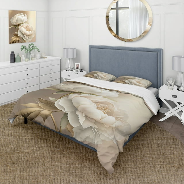 Designart "Exquisite Peony Flower II" Floral Peony Bedding Covert Set - Peonies White Floral Bed Set With 2 Shams