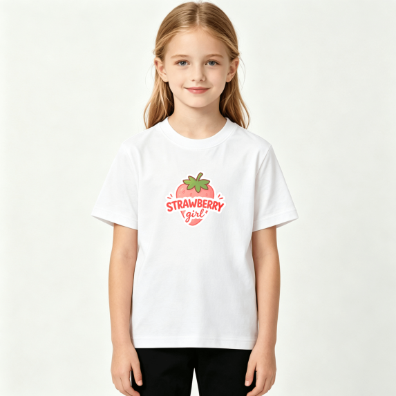 Strawberry Girl Girls Graphic Tee Cute Fruit Theme Sweet Summer Style 100% Cotton Kids Short Sleeve T-Shirt 4-13Y