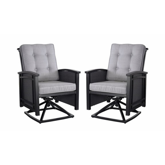 Palmetto Set of 2 Aluminum & Wicker Cushioned Outdoor Swivel Rocking Patio Chairs with Arms- Black/Gray
