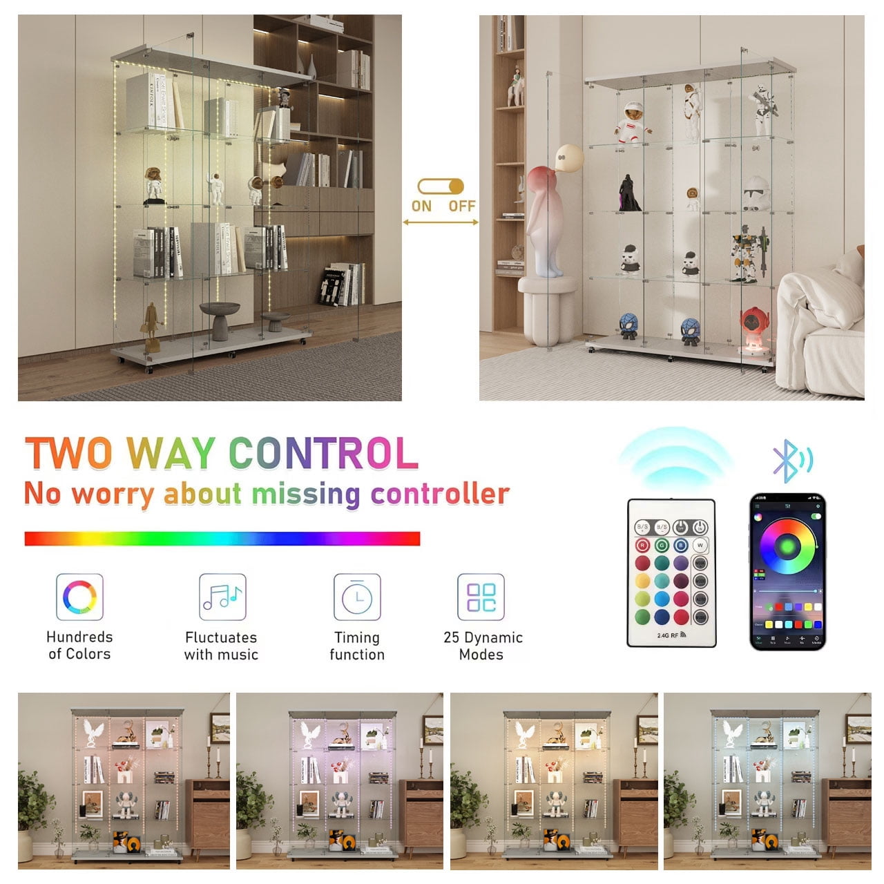 MAYEERTY 4 Tiers Glass Display Cabinet with Bluetooth LED Light Strip, Curio Storage Cabinet with 3 Door Wheels and Lock, Wood Top, White