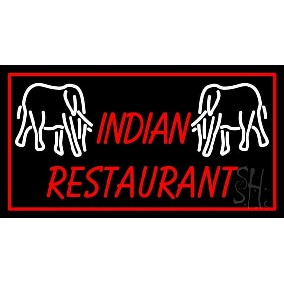 Indian Restaurant With Elephants Logo LED Neon Sign 20 x 37 - inches, Black Square Cut Acrylic Backing, with Dimmer - Bright and Premium built indoor LED Neon Sign for restaurant decor.