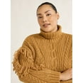 thumbnail image 3 of Scoop Women’s and Women's Plus Cable Knit Turtleneck Sweater with Fringe, Midweight, Sizes XS-4X, 3 of 5