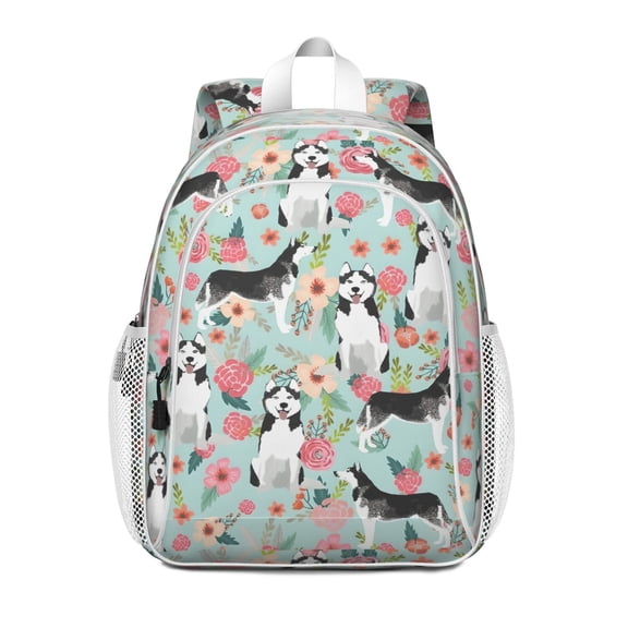 Husky and Flower Backpack for School,Cute School Bag,Schoolbag with Adjustable Shoulder Straps & Padded Back,15"x11.42"x5.5"